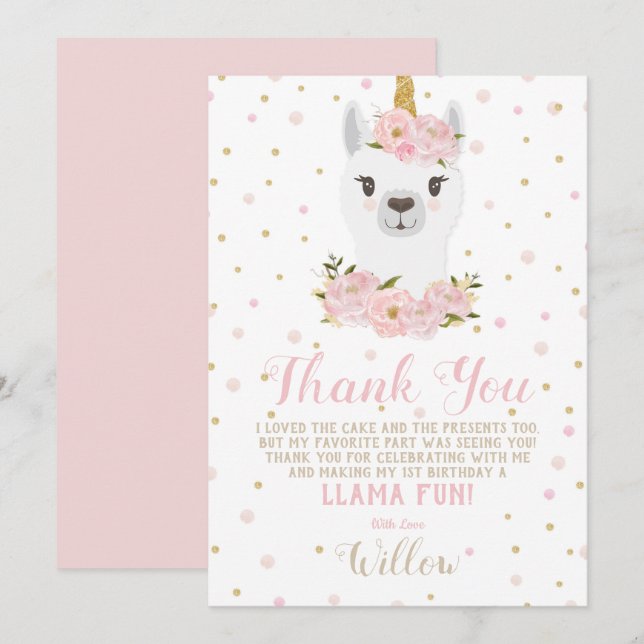 Carte de remerciement licorne lama fille florale r (Devant / Derrière)