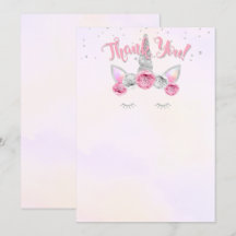 carte de remerciement licorne rose et argent