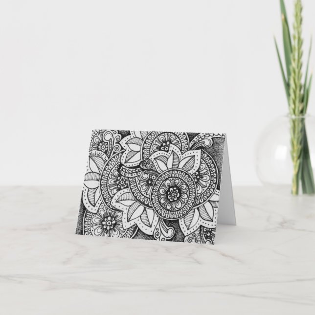 Carte de remerciement Mandala indien en Damas noir (Devant)