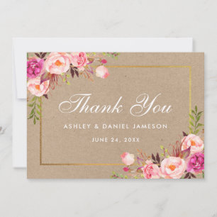 Carte de remerciement Mariage or rose rose Kraft