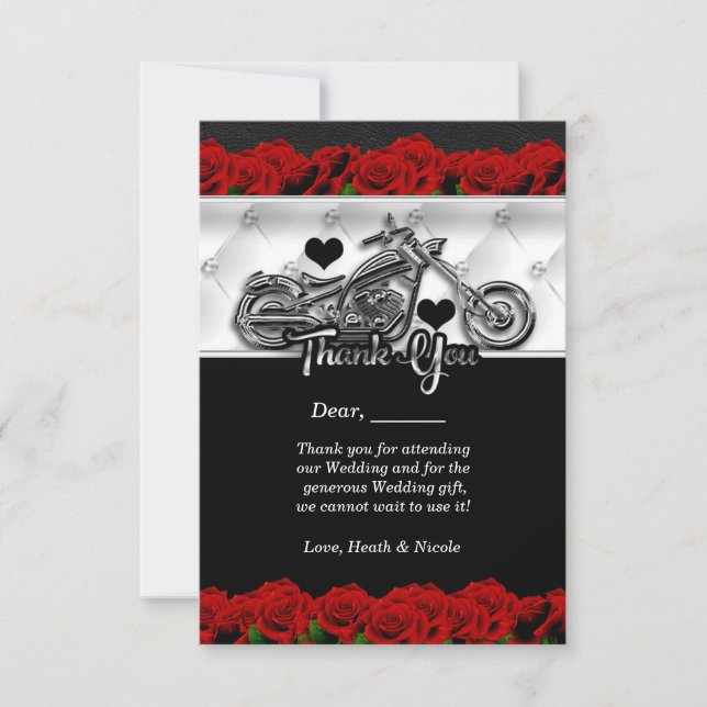 Carte de remerciement Motard Moto & Roses Rouges (Devant)