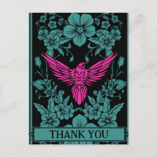 Carte de remerciement. Oiseau rose exotique, fleur