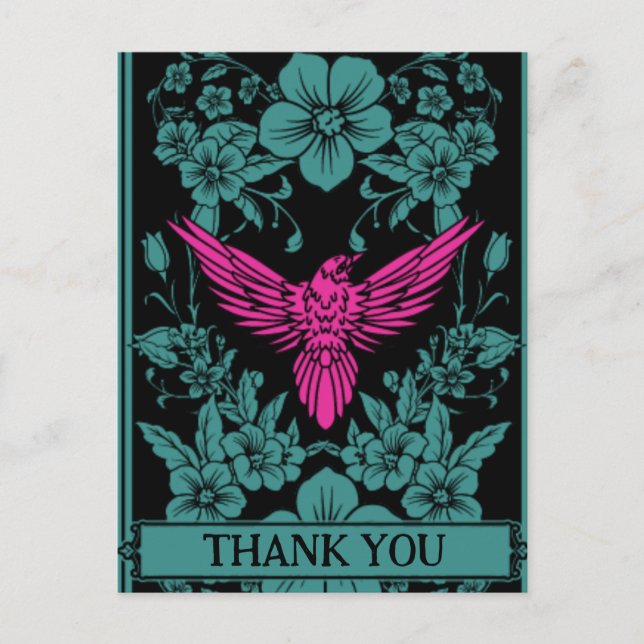 Carte de remerciement. Oiseau rose exotique, fleur (Devant)
