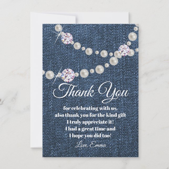 carte de remerciement perle en denim et diamant (Devant)