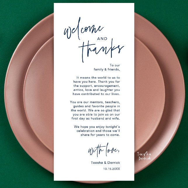 Carte de remerciement personnalisée pour le mariag (Personalised Elegant Modern Wedding Dinner Place Setting Thank You Card in Navy Blue)