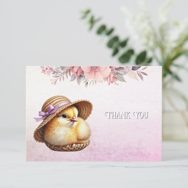 Carte de remerciement Petit Poussin Ruban Rose (Debout devant)