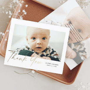 Carte de remerciement photo bébé écriture dorée Bu