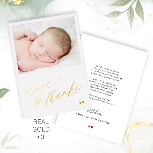 Carte de remerciement photo de bébé amour en feuil
