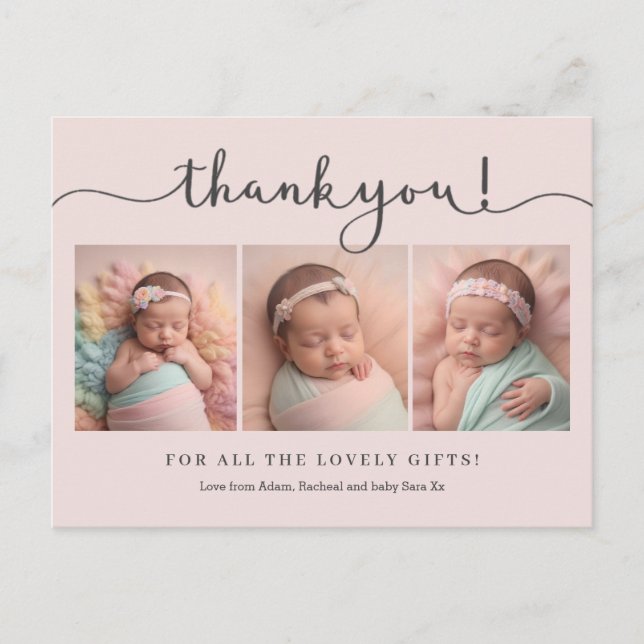Carte de remerciement photo de bébé fille rose (Devant)