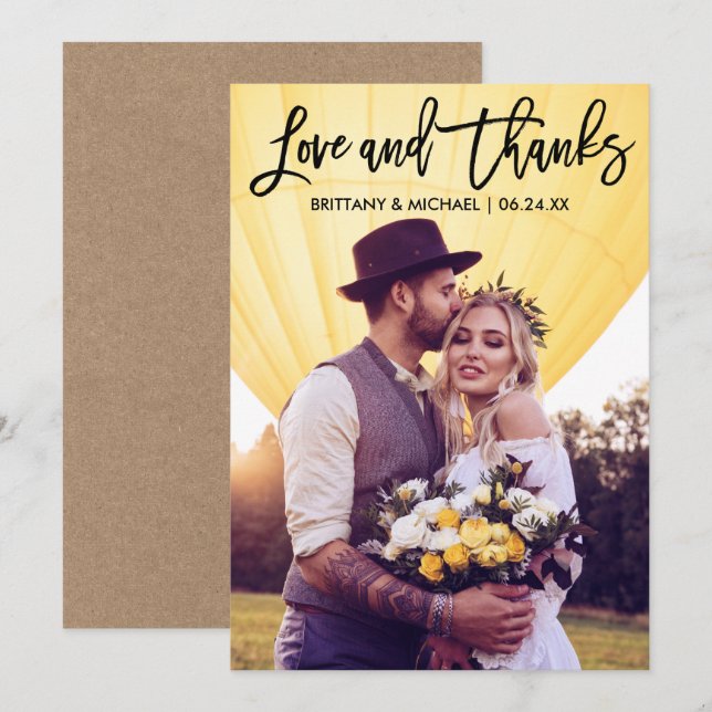 Carte de remerciement photo de mariage kraft écrit (Devant / Derrière)