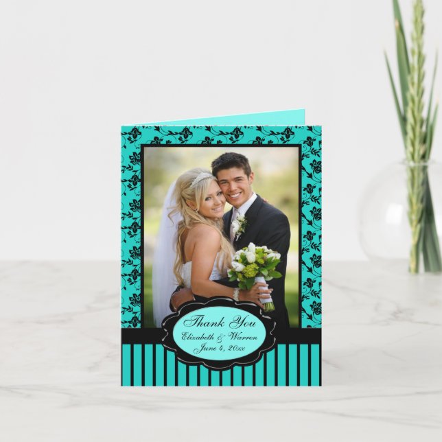 Carte de remerciement photo florale Aqua et Noire (Devant)