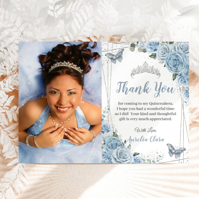 Carte de remerciement photo florale bleu bébé pour (baby blue roses floral Quinceañera sweet 16 birthday photo picture thank you cards printed download)