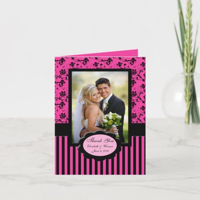 Carte de remerciement photo florale rose et noire (Devant)
