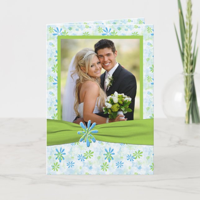 Carte de remerciement photo florale verte et bleue (Devant)