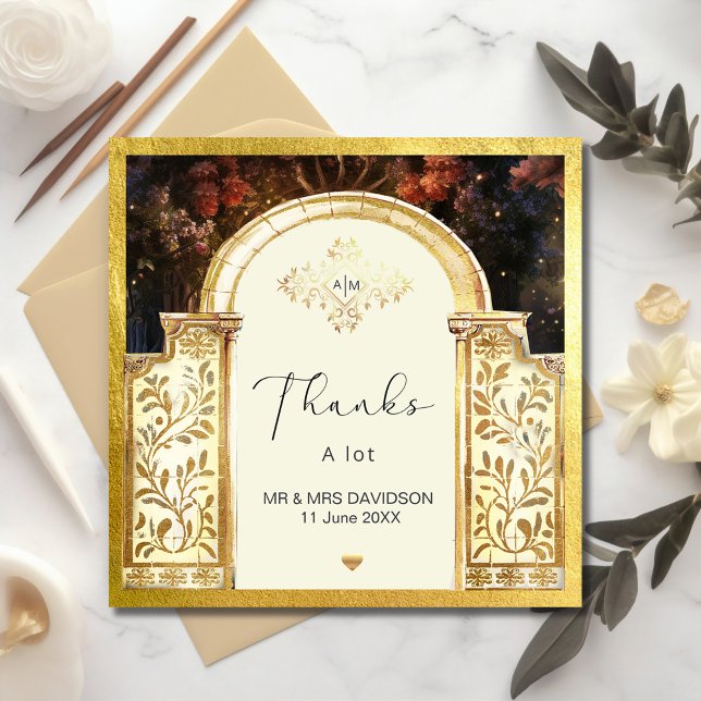 Carte de remerciement plat de porte de jardin ench (Enchanted Garden Gate Flat Thank You Card #zazzlemade #weddingthankyoucard #luxurystyle #arch)