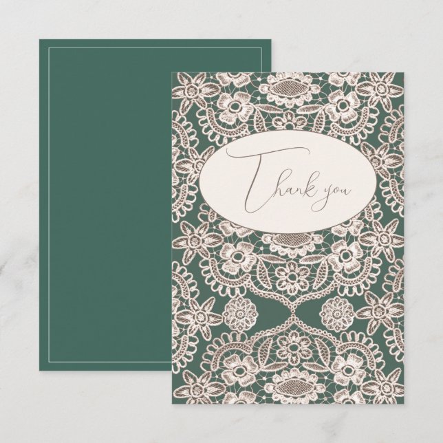 Carte de remerciement plate en dentelle verte rust (Devant / Derrière)