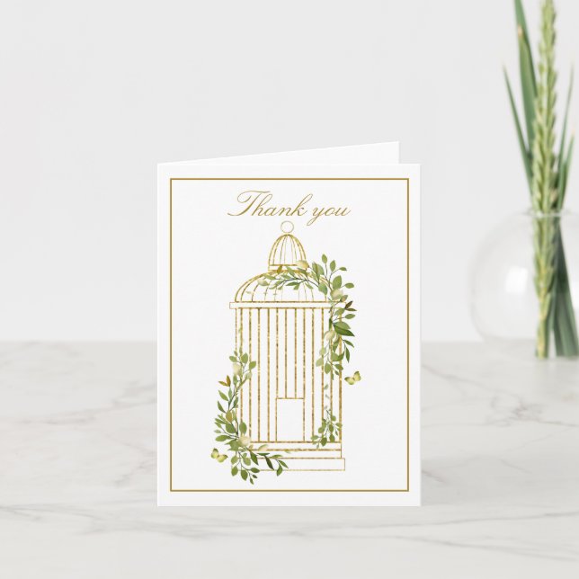 Carte de remerciement pliée Cage à oiseaux en or m (Devant)