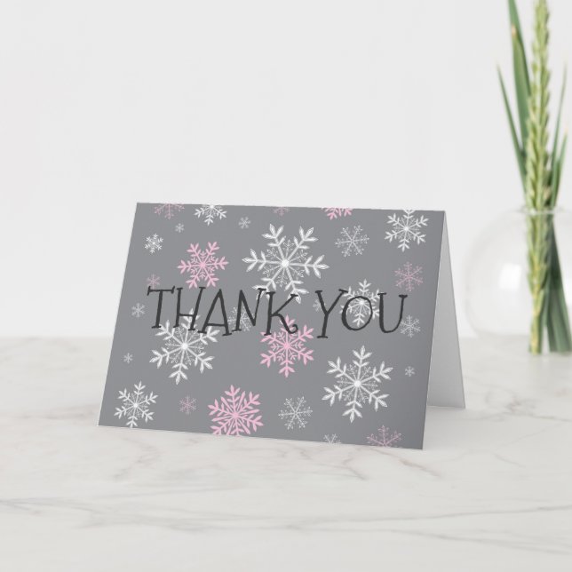 Carte de remerciement pliée hiver gris flocons de  (Devant)
