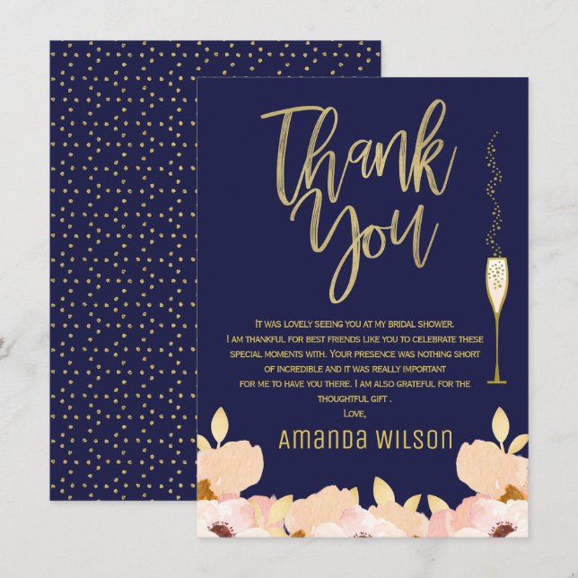 Carte de Remerciement pour Baby Shower Bleu Or (Devant / Derrière)
