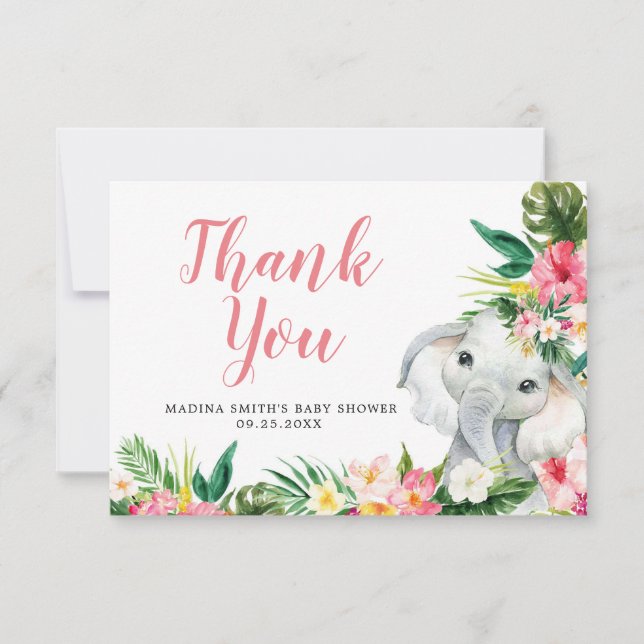 Carte de remerciement pour Baby Shower Fille Eléph (Devant)