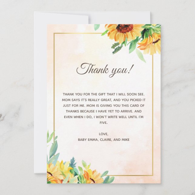 Carte de remerciement pour Baby Shower Tournesols (Devant)