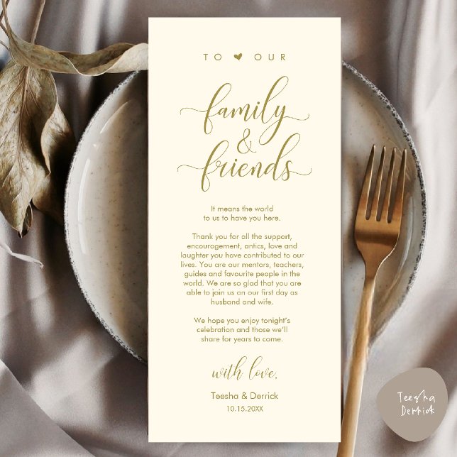 Carte de remerciement pour le dîner de mariage (Welcome and Thanks, Wedding Dinner Place Setting Thank You Card in Yellow Gold)