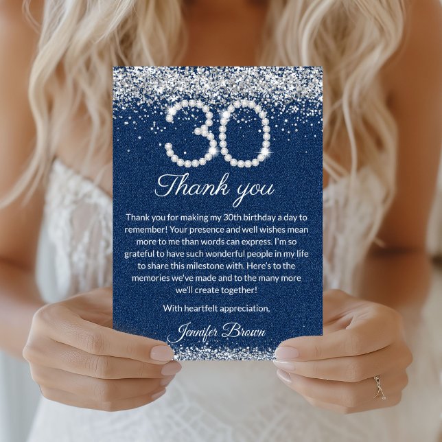 Carte de remerciement pour les 30 ans de Glam Deni (diamonds and Denim 30th birthday thank you Card)