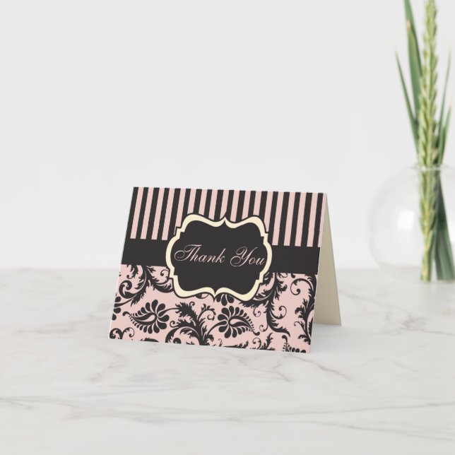 Carte de remerciement rose, crème et damas gris (Devant)