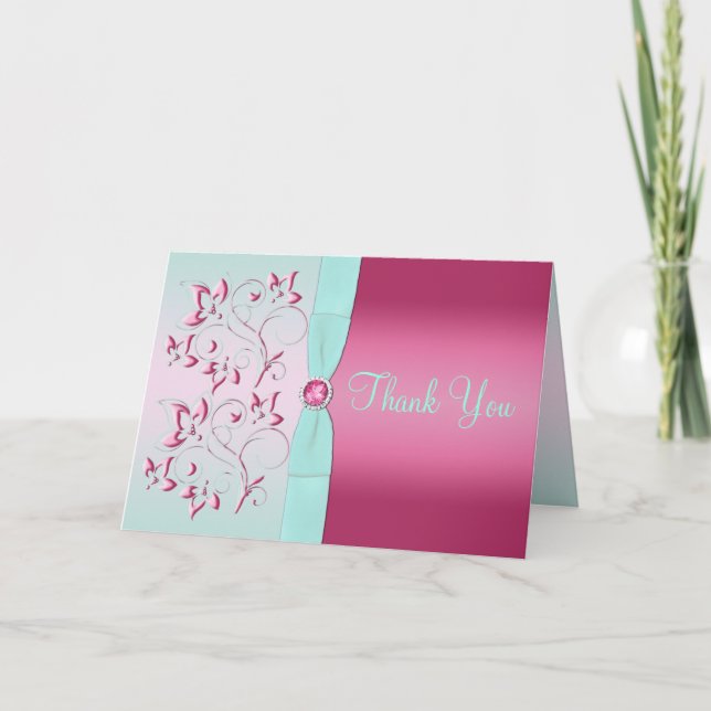 Carte de remerciement rose et aqua (Devant)