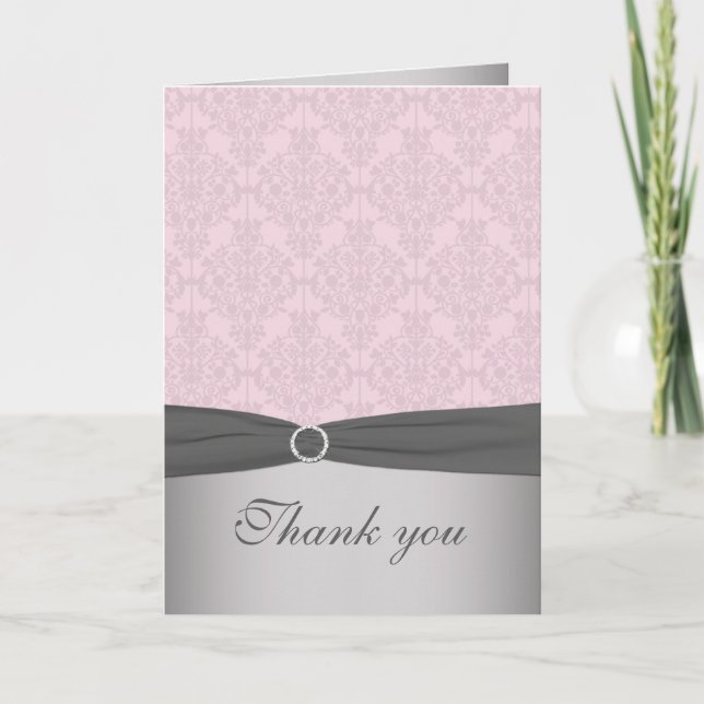 Carte de remerciement rose et gris à damas (Devant)