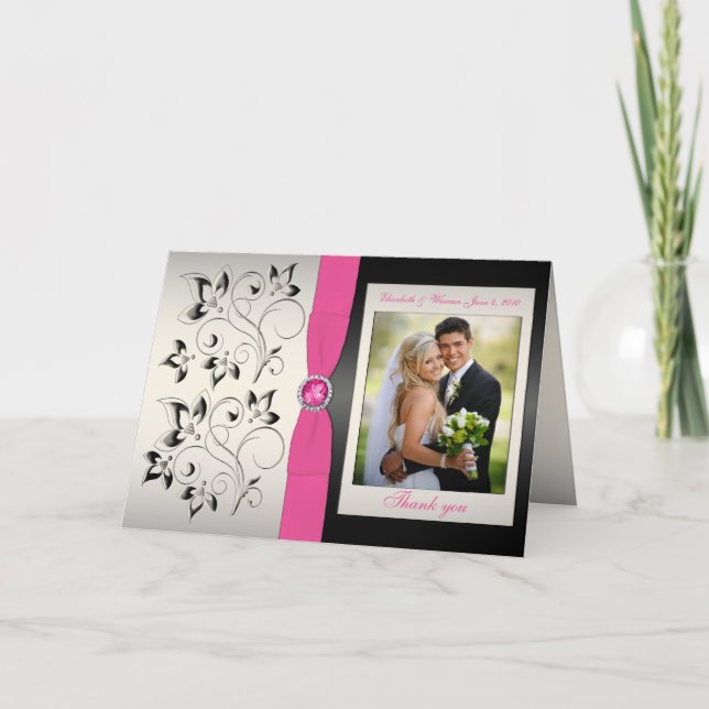 Carte de remerciement rose et noire avec photo (Devant)