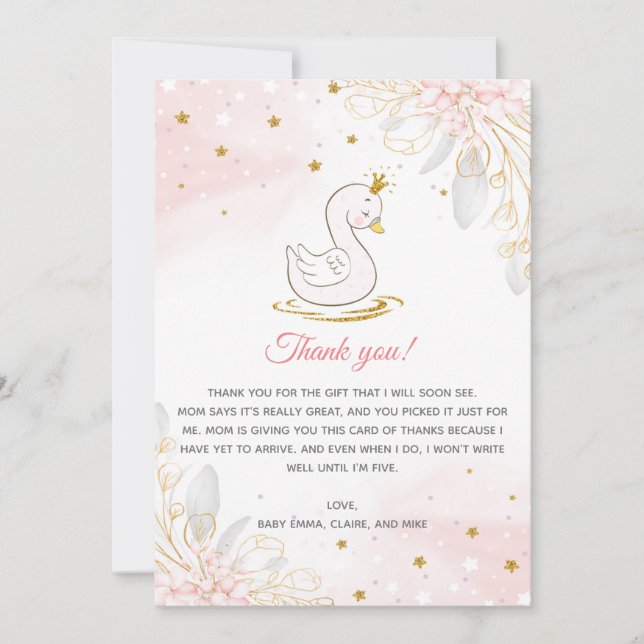 Carte de remerciement Rose Pâle Cygne Doré pour Ba (Devant)