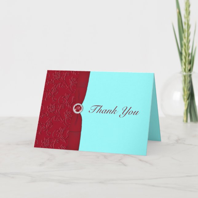 Carte de remerciement Rouge Rubis et Aqua (Devant)