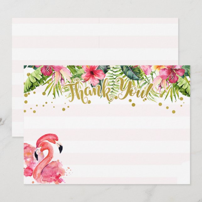Carte de remerciement tropicale flamant rose et or (Devant / Derrière)