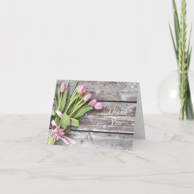 Carte de remerciement -- Tulipes roses et bois (Devant)