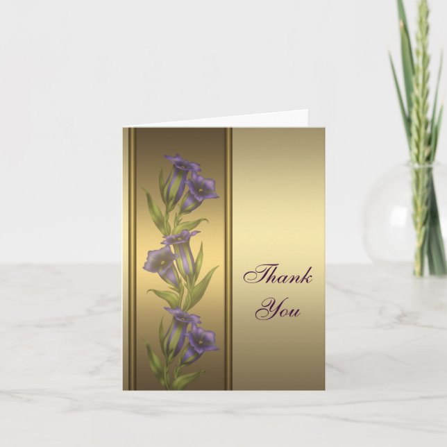 Carte de remerciement violettes pourpres or (Devant)