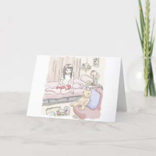 CARTE DE REMERCIEMENTS さにさごじ ぬいぐるみの置いてある寝室のベッドにへたり込んでいる女性のイラスト