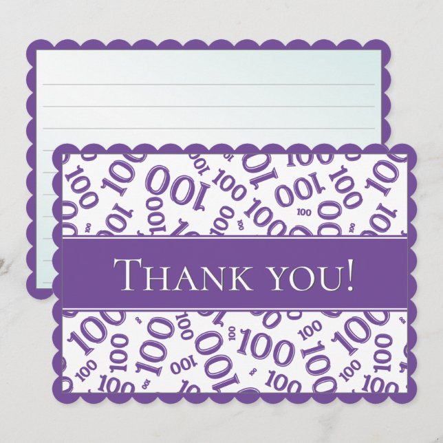 Carte De Remerciements 100 "Thank you!" Purple/White Number Pattern (Devant / Derrière)