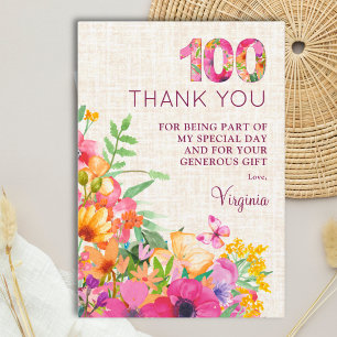 Carte De Remerciements 100e anniversaire Élégant Floral Féminin