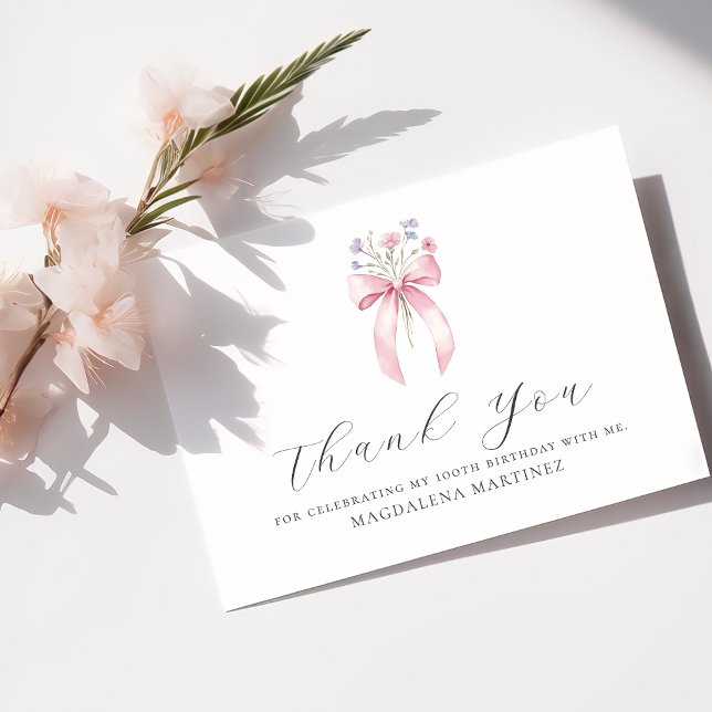Carte De Remerciements 100e anniversaire Pink Bow Fleur sauvage plat pers (Créateur téléchargé)