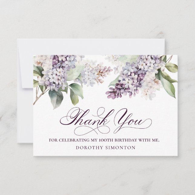 Carte De Remerciements 100e anniversaire Purple Lilac Fleur de printemps (Devant)