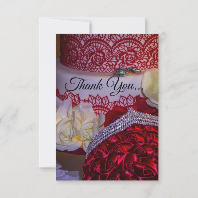 Carte De Remerciements 1304-Gâteau de Mariage, Bouquet et Anneaux (Devant)