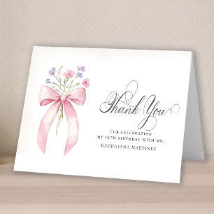Carte De Remerciements 19e anniversaire Photo Pink Bow Fleur sauvage plié