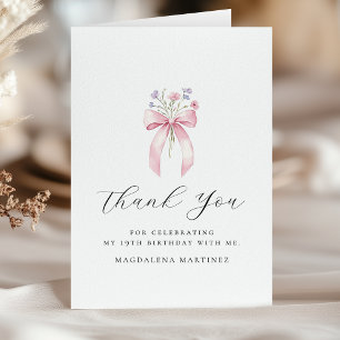 Carte De Remerciements 19e anniversaire Pink Bow Fleur sauvage plié