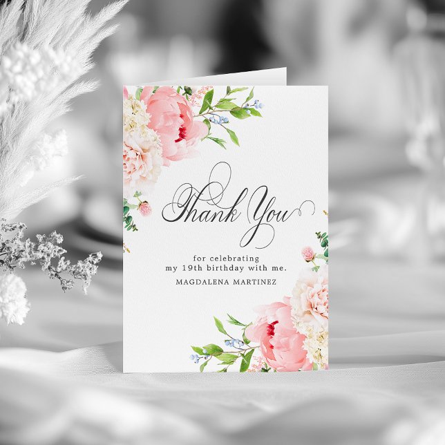 Carte De Remerciements 19e anniversaire rose pâle rose pâle floral plié (Créateur téléchargé)