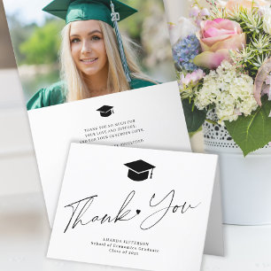 Carte De Remerciements 2025 Simple script noir blanc photo graduation