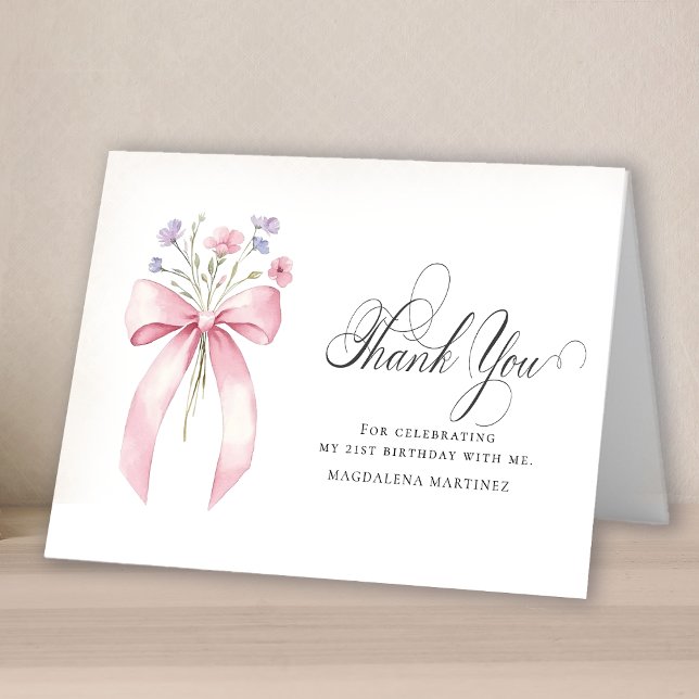 Carte De Remerciements 21e anniversaire Photo Pink Bow Fleur sauvage plié (Créateur téléchargé)