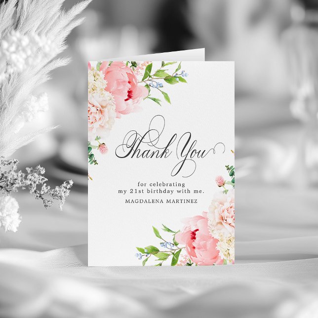 Carte De Remerciements 21e Anniversaire Pony Rose Bleu Plat Floral (Créateur téléchargé)