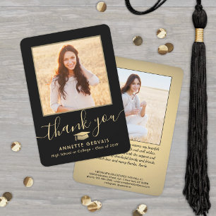 Carte De Remerciements 2 Photo Nouvelle Adresse Black & Gold Script Gradu