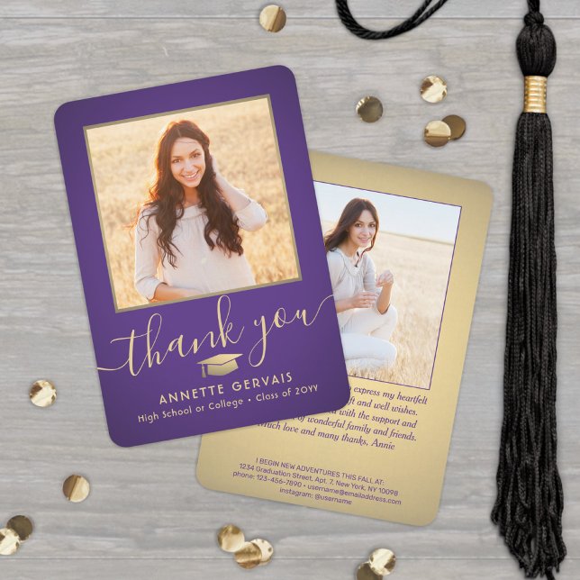 Carte De Remerciements 2 Photo Nouvelle Adresse Purple Gold Script Gradua (Créateur téléchargé)